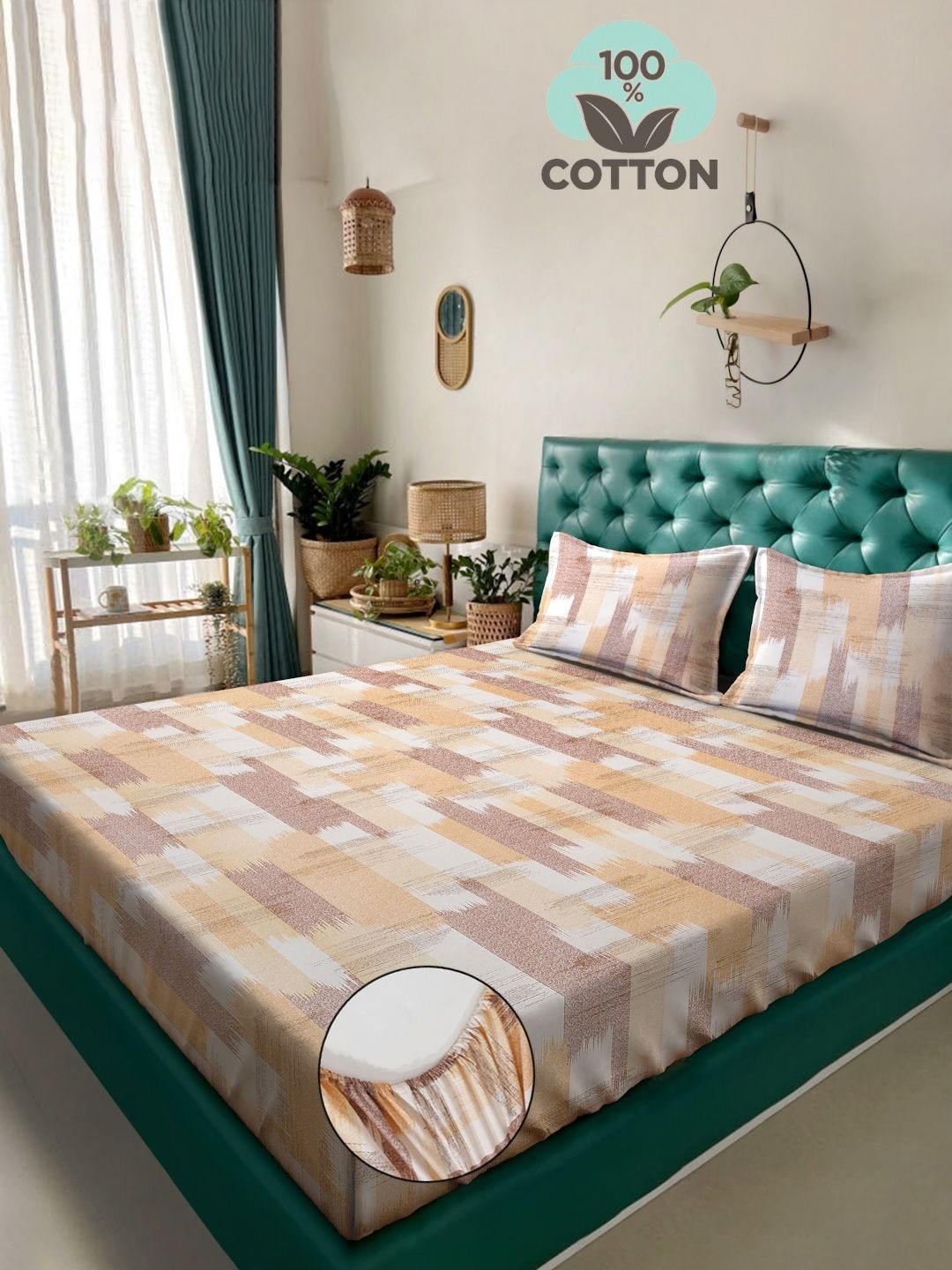 

Myntra Elegant Homes Orange & White Geometric 400 TC King Bedsheet with 2 Pillow Covers