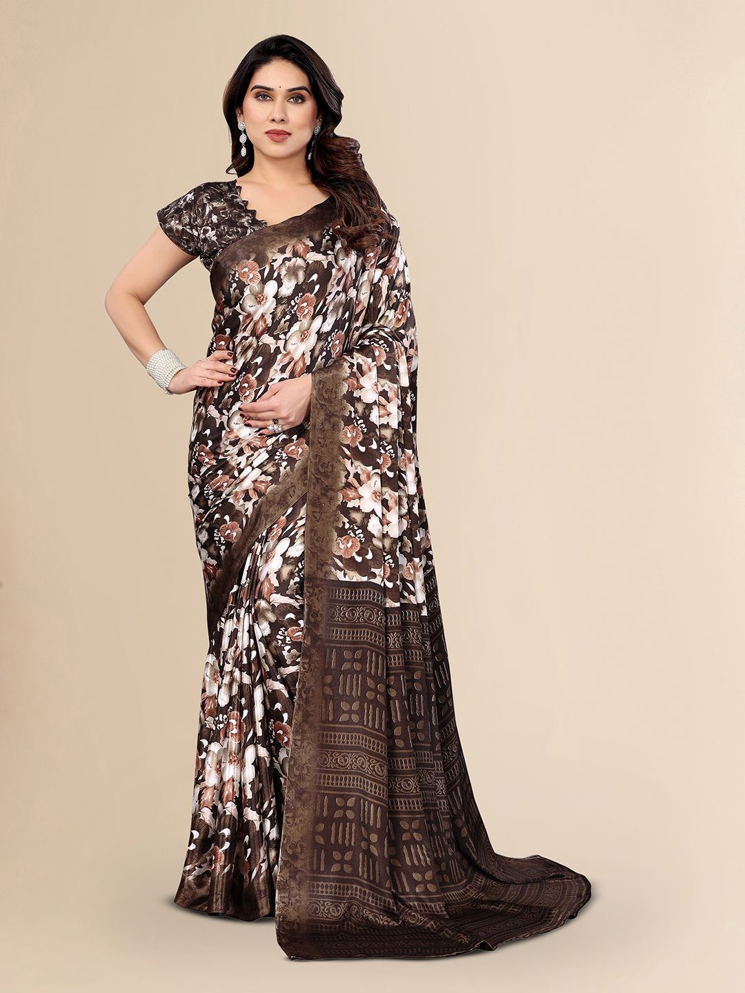 

Moda Rapido Floral Silk Blend Saree, Brown