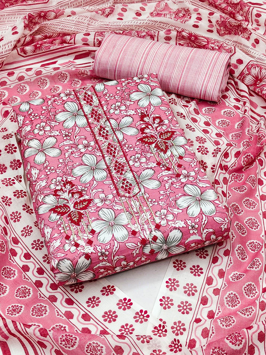 

SHADOW & SAINING Printed Pure Cotton Unstitched Dress Material, Pink