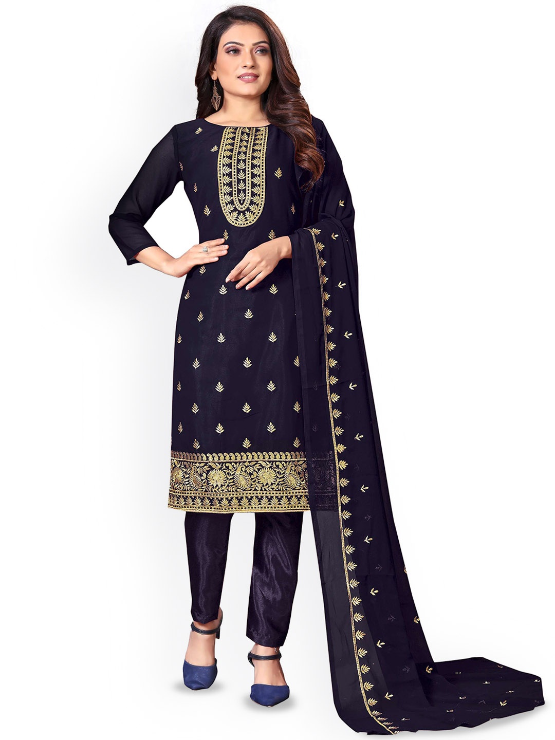 

SHADOW & SAINING Embroidered Silk Georgette Unstitched Dress Material, Blue
