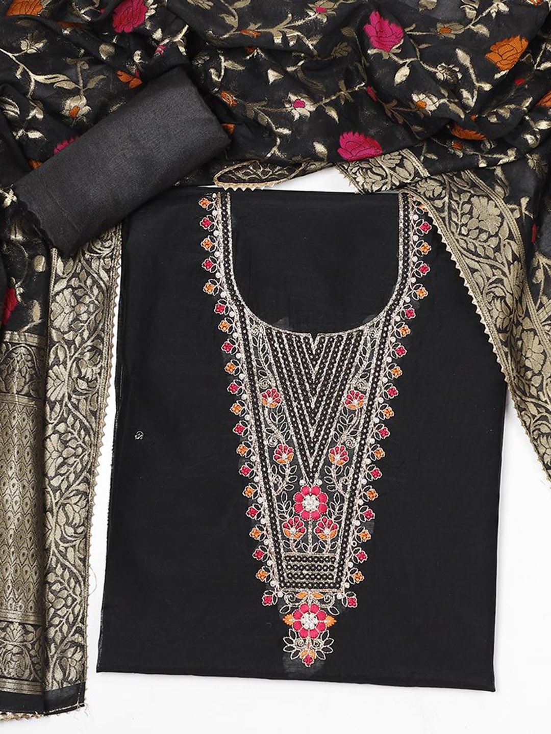 

SALWAR STUDIO Embroidered Pure Silk Unstitched Dress Material, Black
