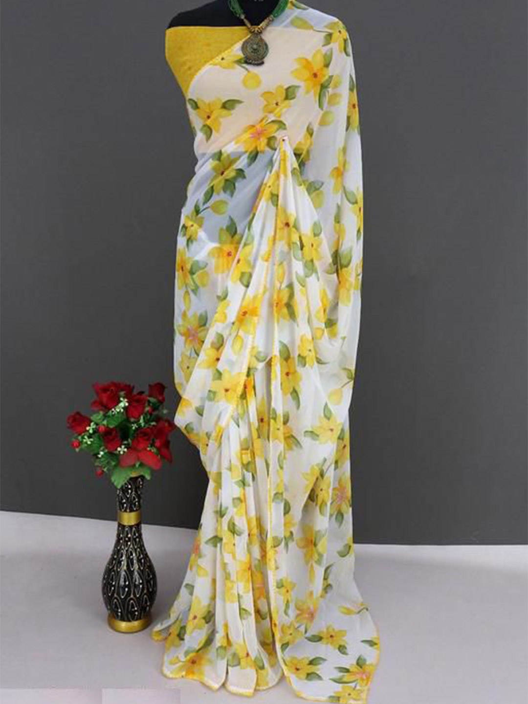 

LADY SHOPI Floral Pure Georgette Saree, Yellow
