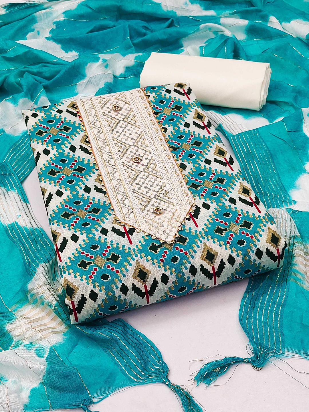 

SHADOW & SAINING Embroidered Pure Cotton Unstitched Dress Material, Sea green