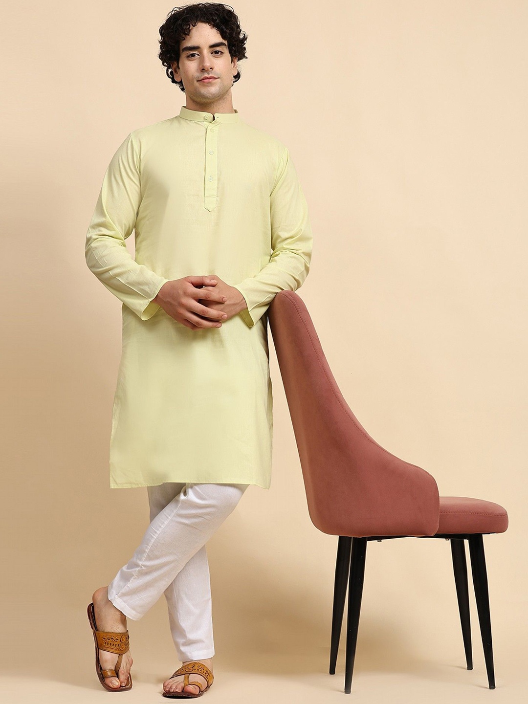 

SKAVIJ Men Regular Pure Cotton Kurta with Pyjamas, Yellow