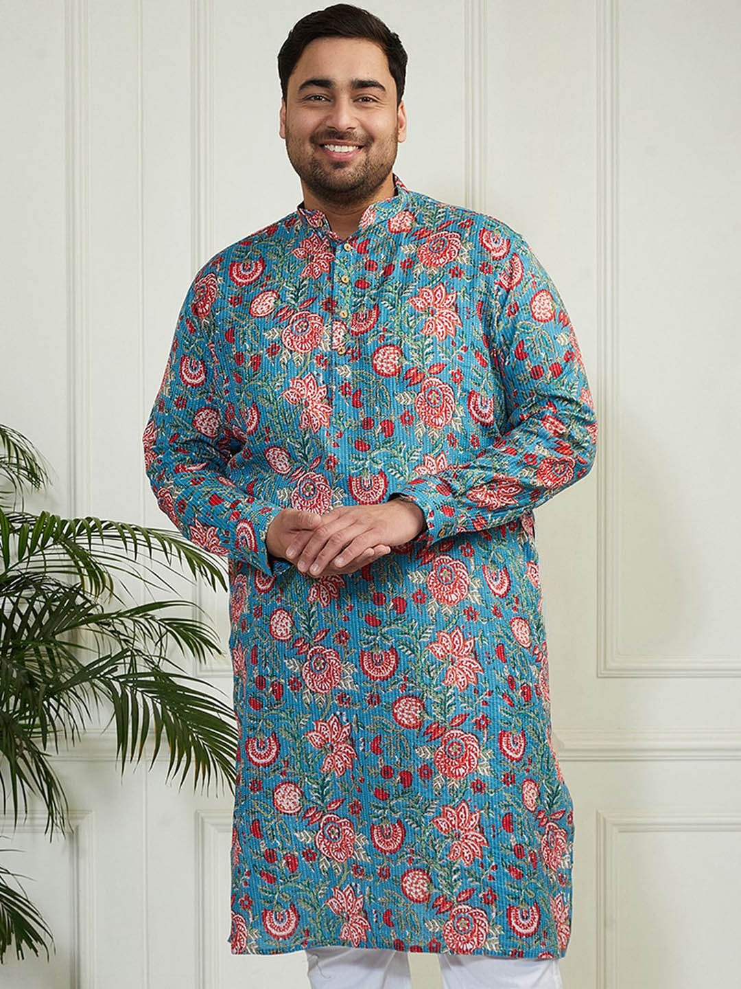 

VASTRAMAY Men Floral Printed Kantha Work Jacquard Kurta, Blue