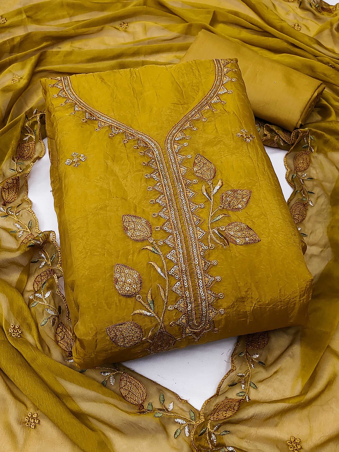 

SHADOW & SAINING Embroidered Pure Silk Semi-Stitched Dress Material, Olive