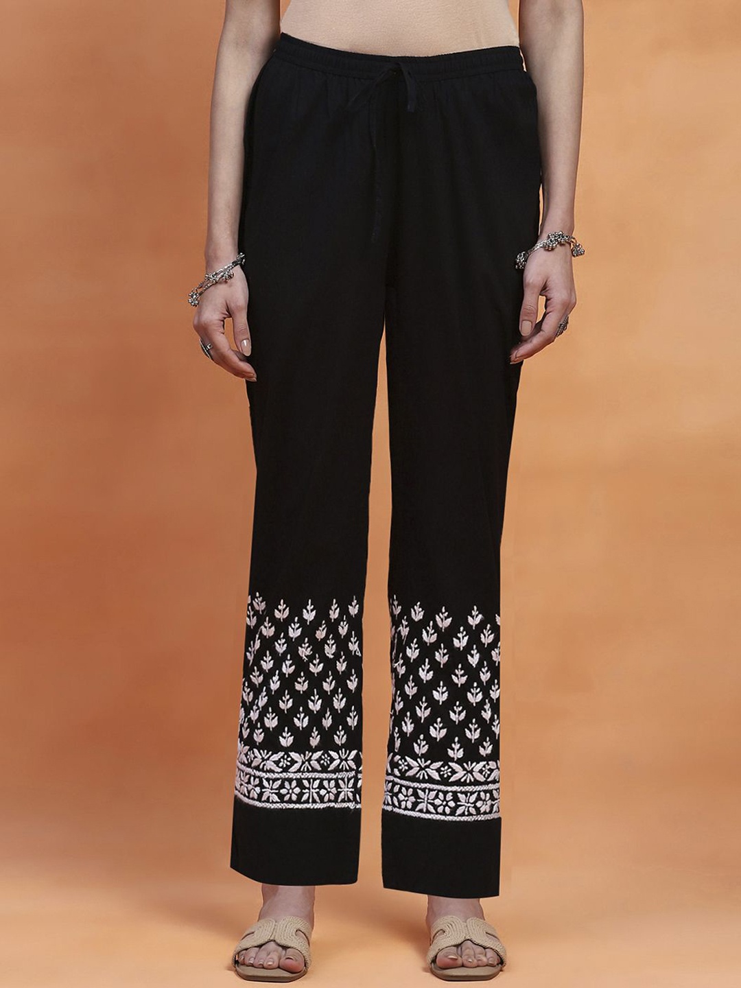 

House of Chikankari Women Ethnic Motifs Embroidered Relaxed Straight Fit Trousers, Black