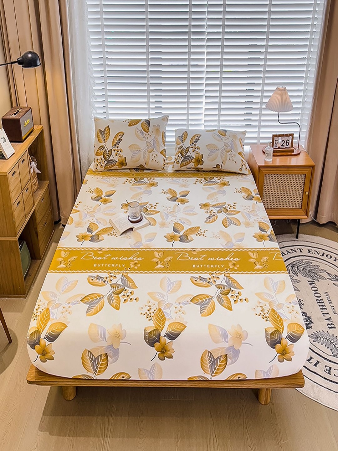 

JC HOME White & Yellow Floral 220 TC King Bedsheet with 2 Pillow Covers