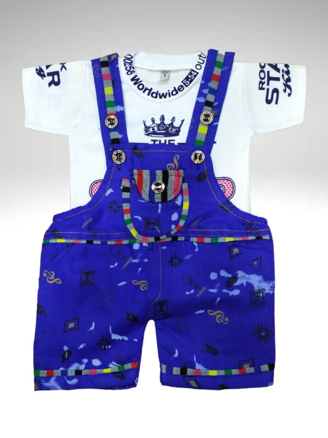 

BAESD Infants Pure Cotton Three-Forth Dungaree With Printed T-Shirt, Blue