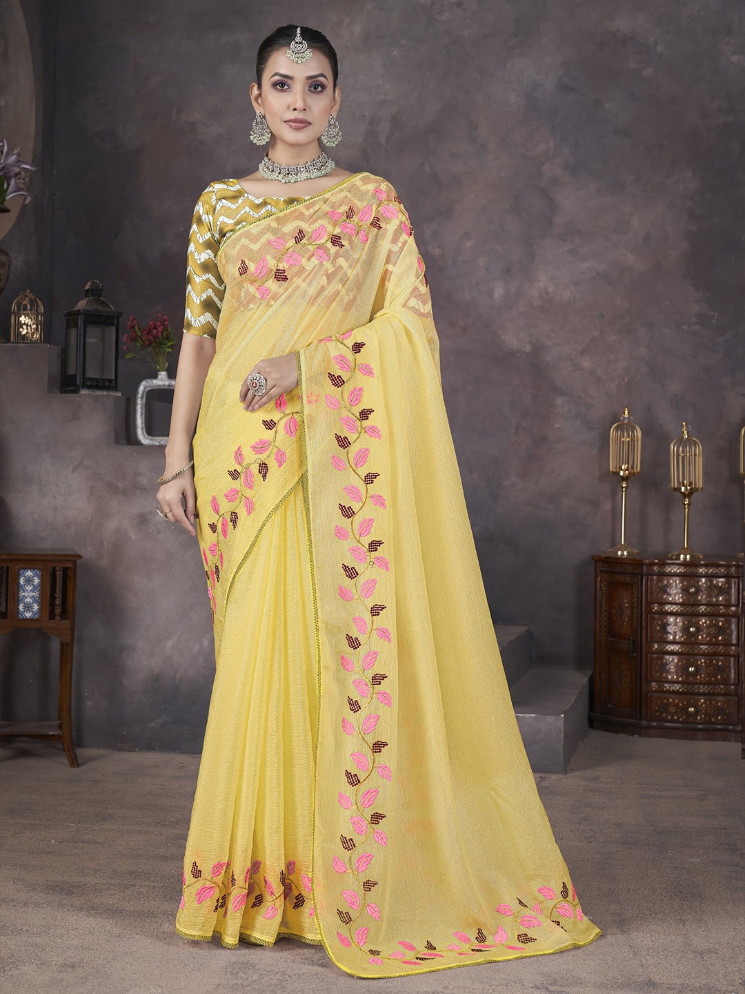

LeeliPeeri Designer Embroidered Poly Georgette Saree, Yellow