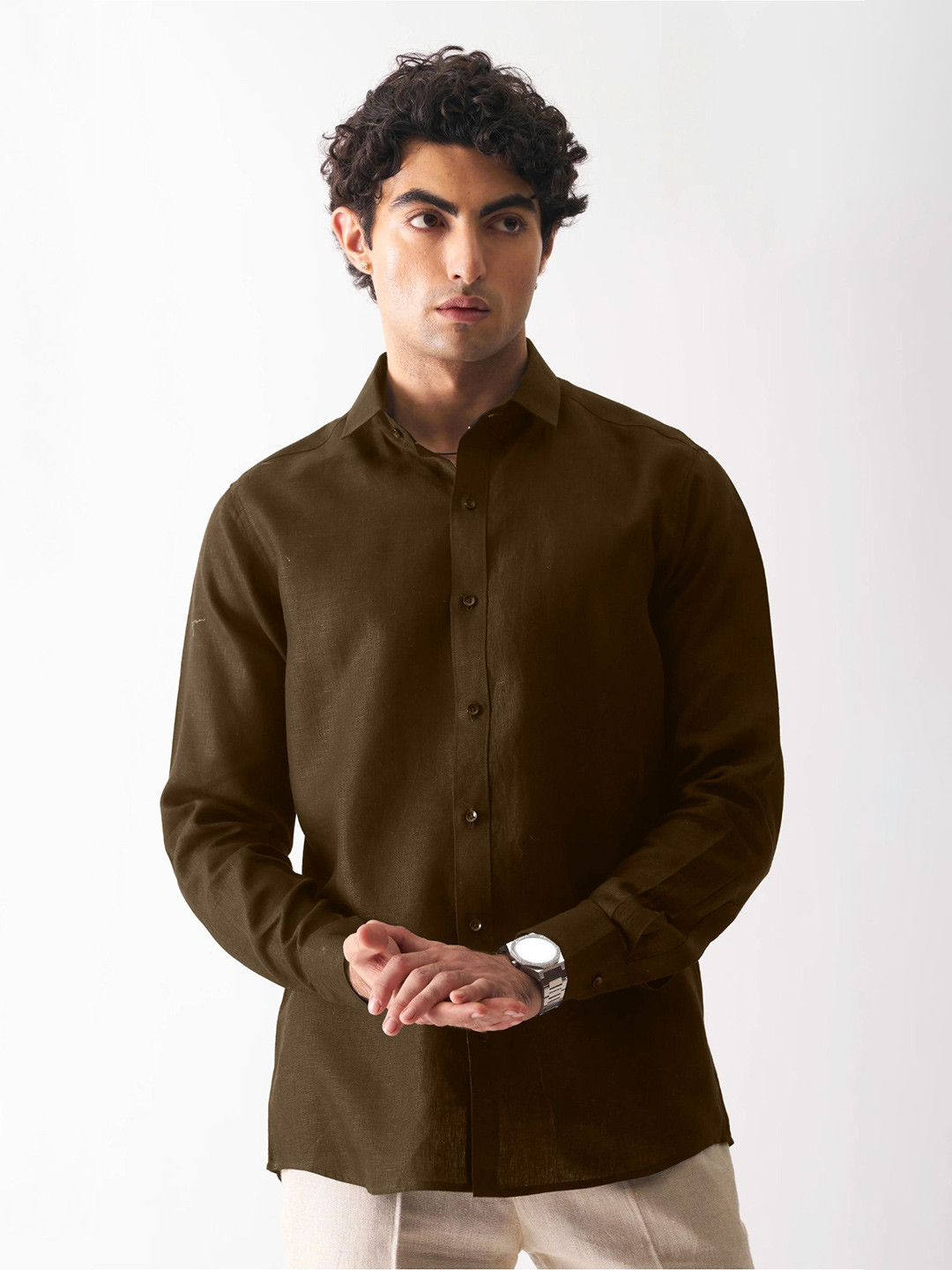 

SHANLIYA Men Classic Opaque Casual Shirt, Brown