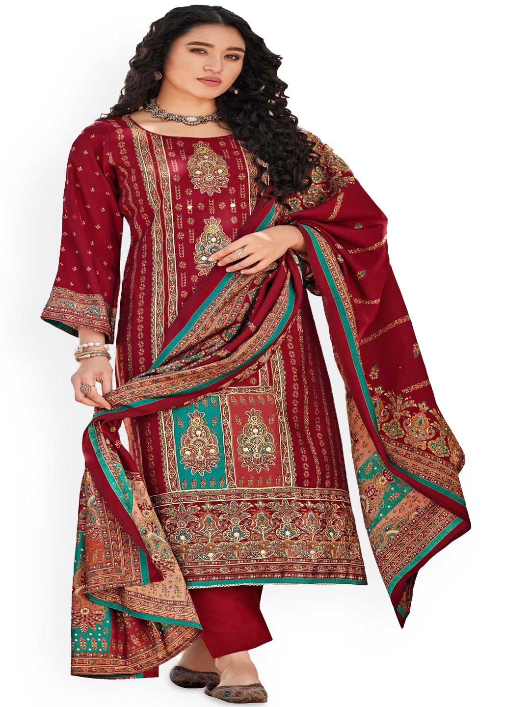 

DRAVINAM Trends Embroidered Pure Cotton Unstitched Dress Material, Red