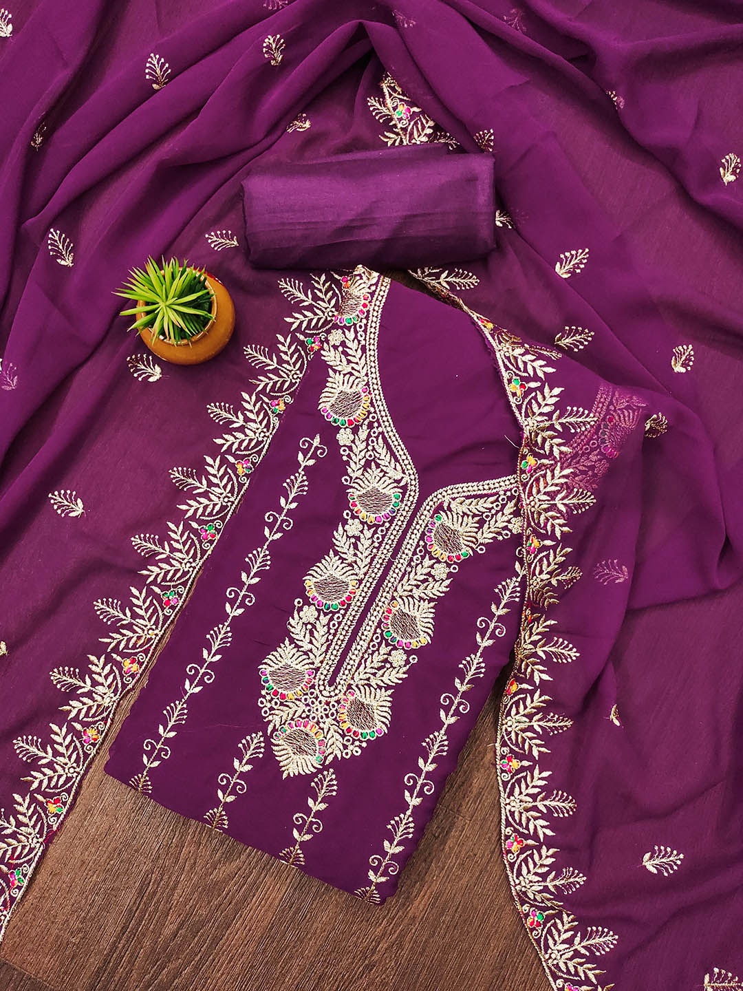 

SHADOW & SAINING Embroidered Silk Georgette Unstitched Dress Material, Purple