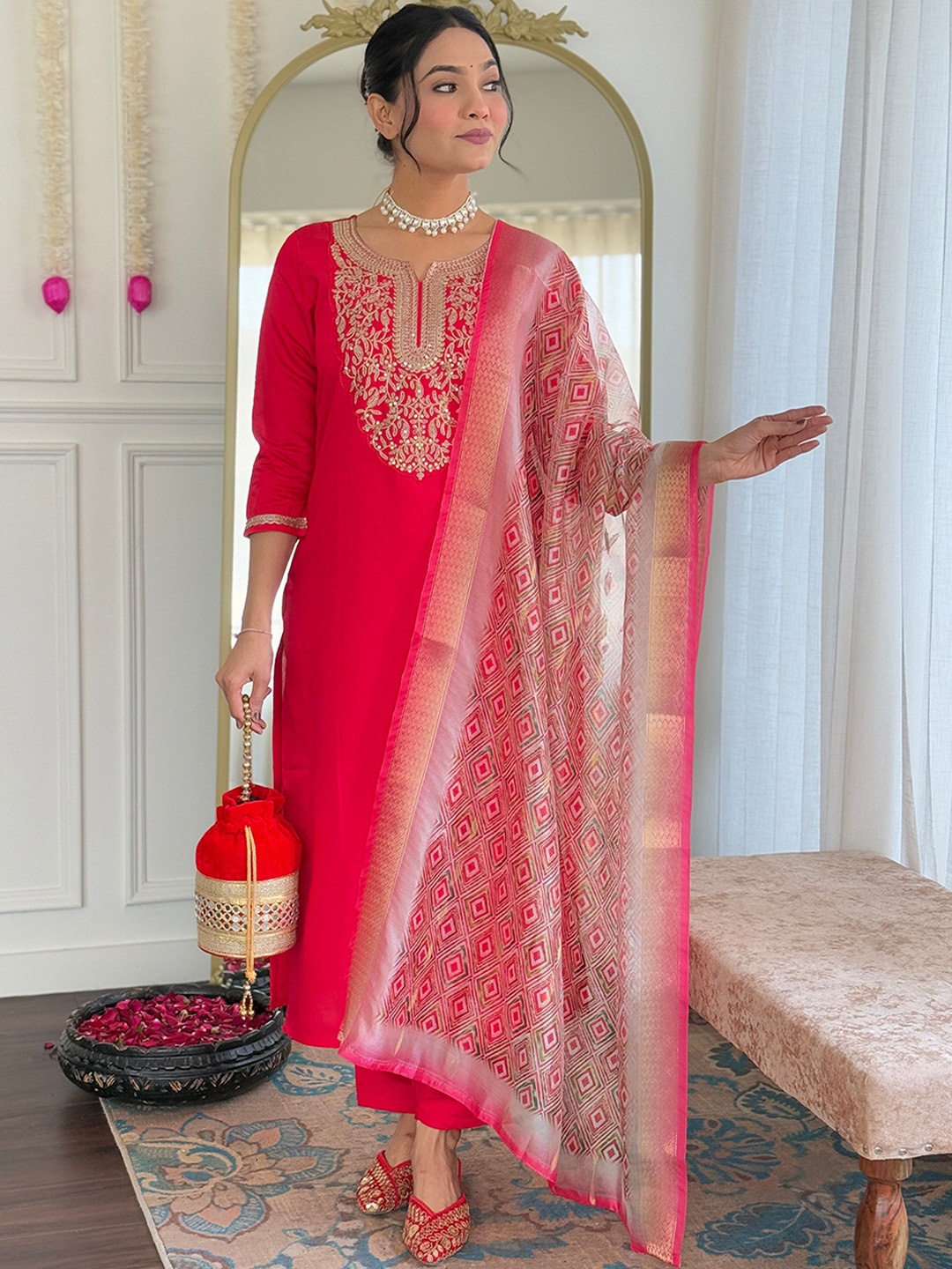 

KALINI Women Floral Embroidered Regular Kurta with Trousers & With Dupatta, Red