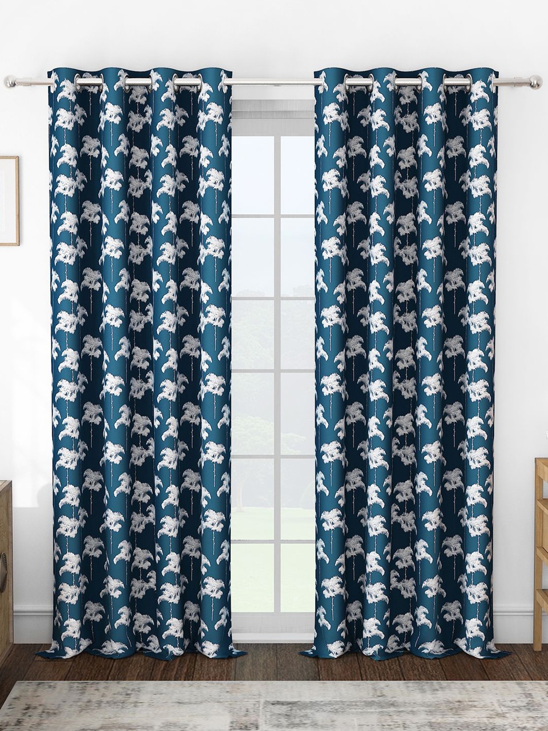 

Story@home Navy Blue & White Set of 2 Floral Room Darkening Long Door Curtain