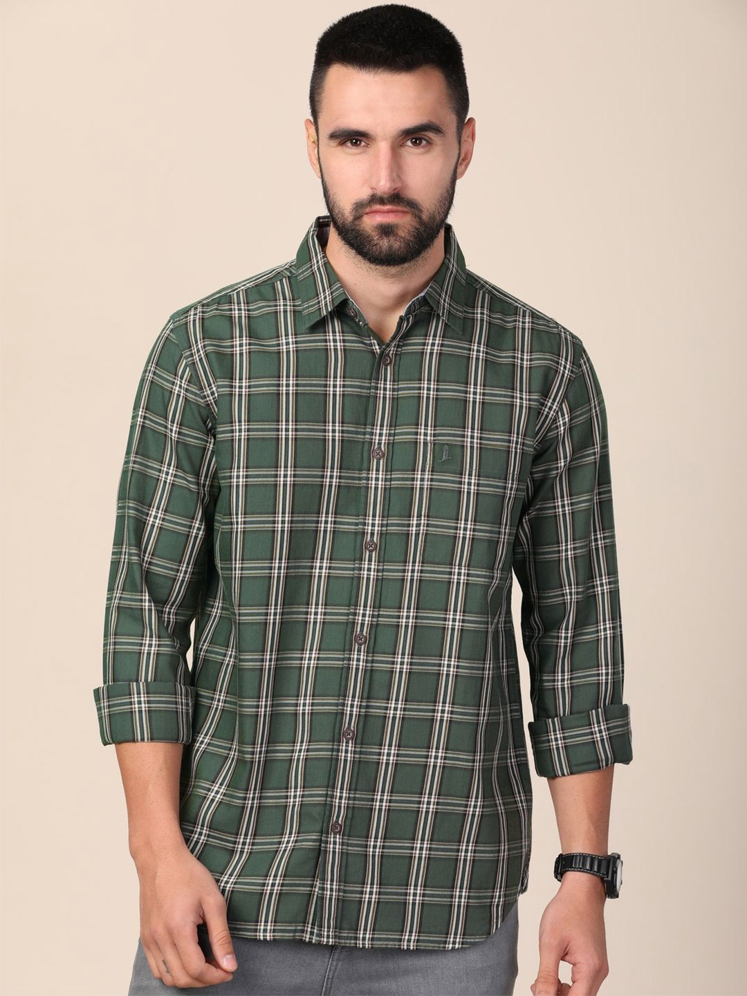 

MERCHANT MARINE Men Standard Slim Fit Tartan Checks Sheer Checked Casual Shirt, Green