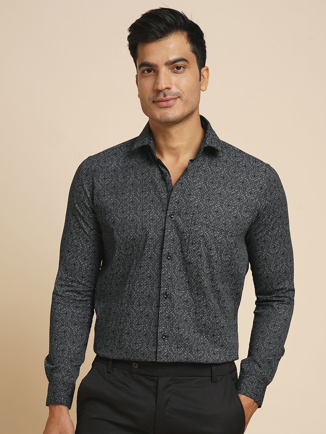 

John Philips Men Slim Fit Opaque Printed Casual Shirt, Black