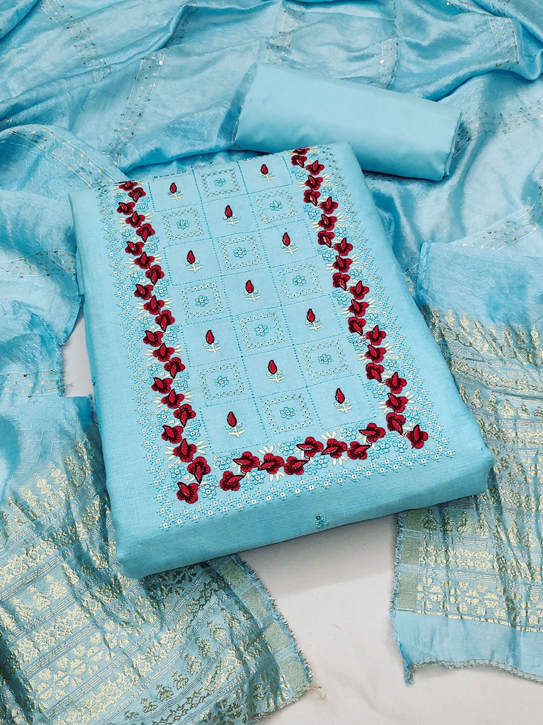 

SHADOW & SAINING Embroidered Pure Cotton Unstitched Dress Material, Blue