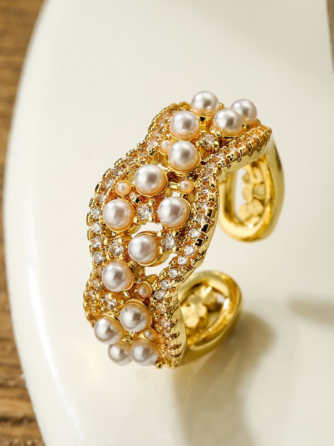 

Just Lil Things Stone Studded & Beaded Finger Ring, Gold