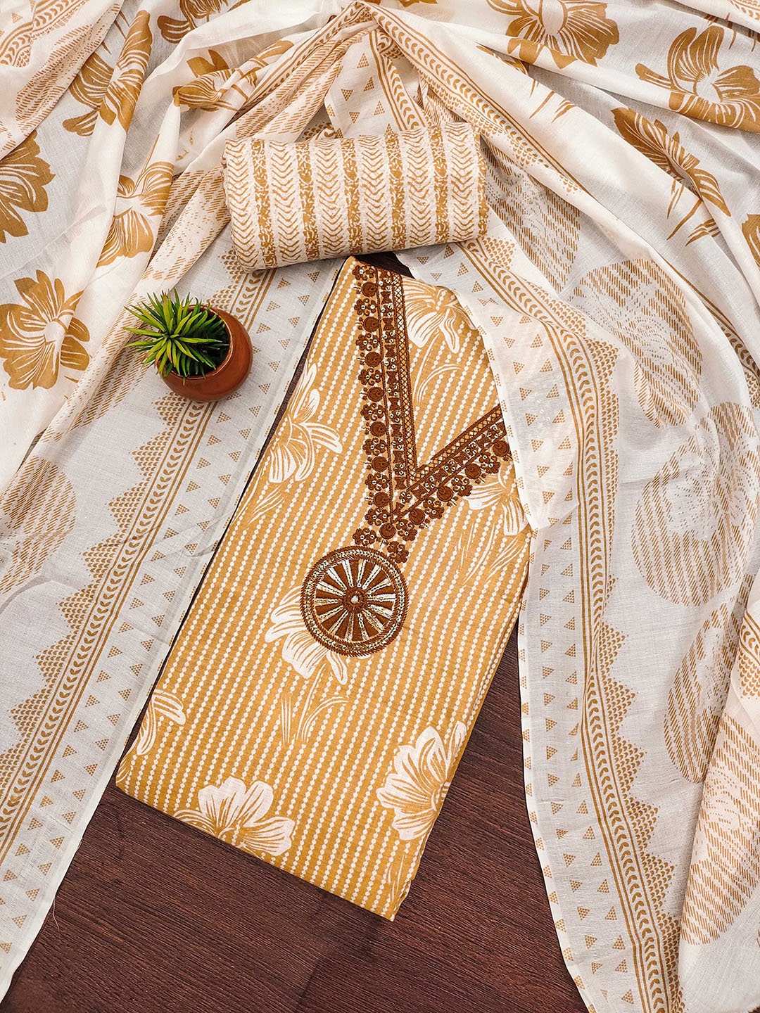 

SHADOW & SAINING Embroidered Pure Cotton Unstitched Dress Material, Mustard