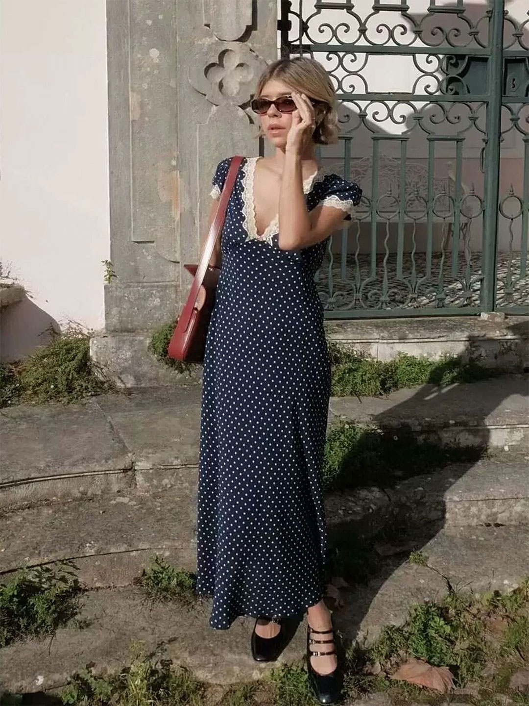 

LULU & SKY Polka Dot Print Maxi Dress, Navy blue