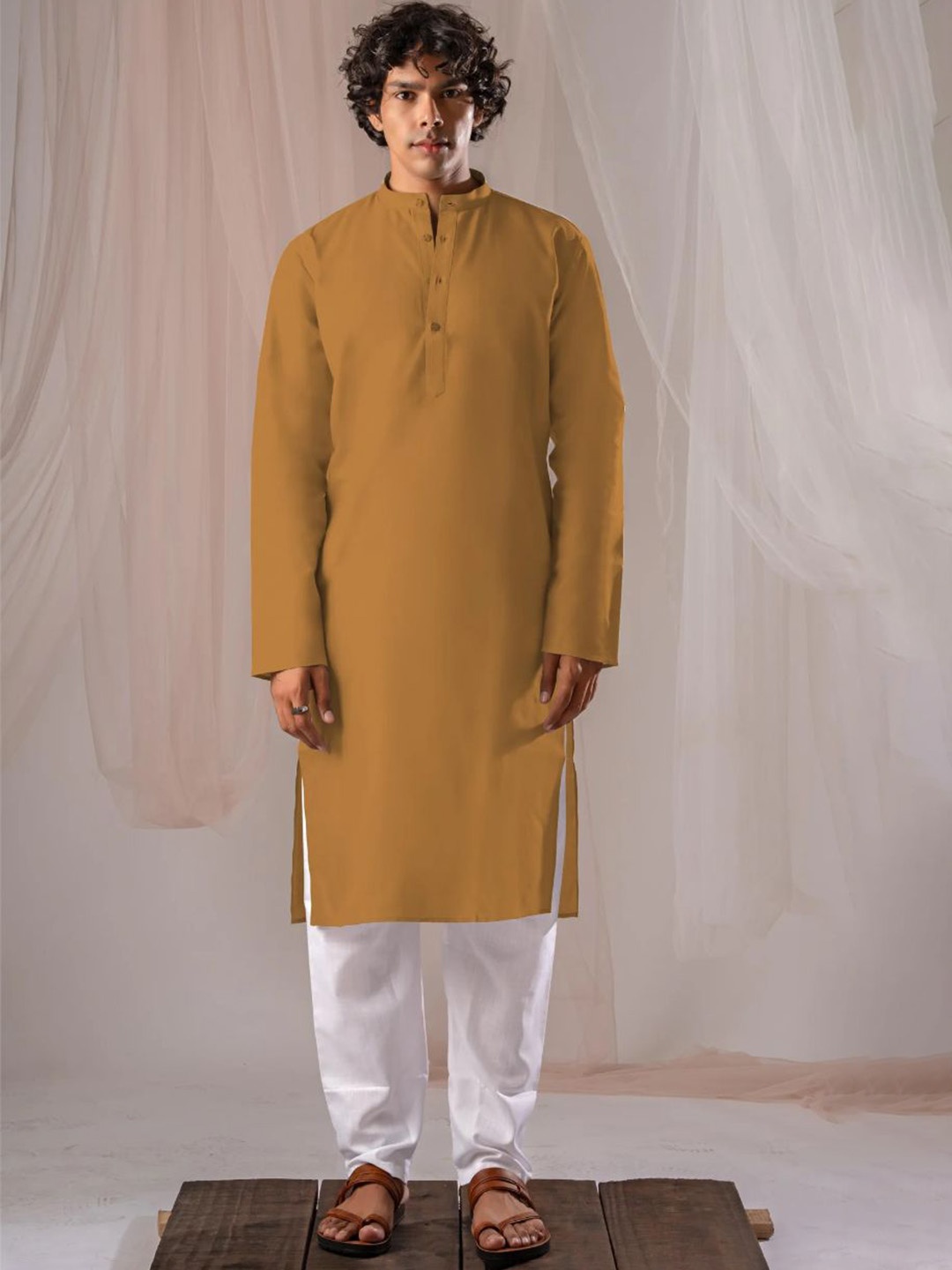 

5 Stitch Men Regular Kurta with Pyjamas, Mustard