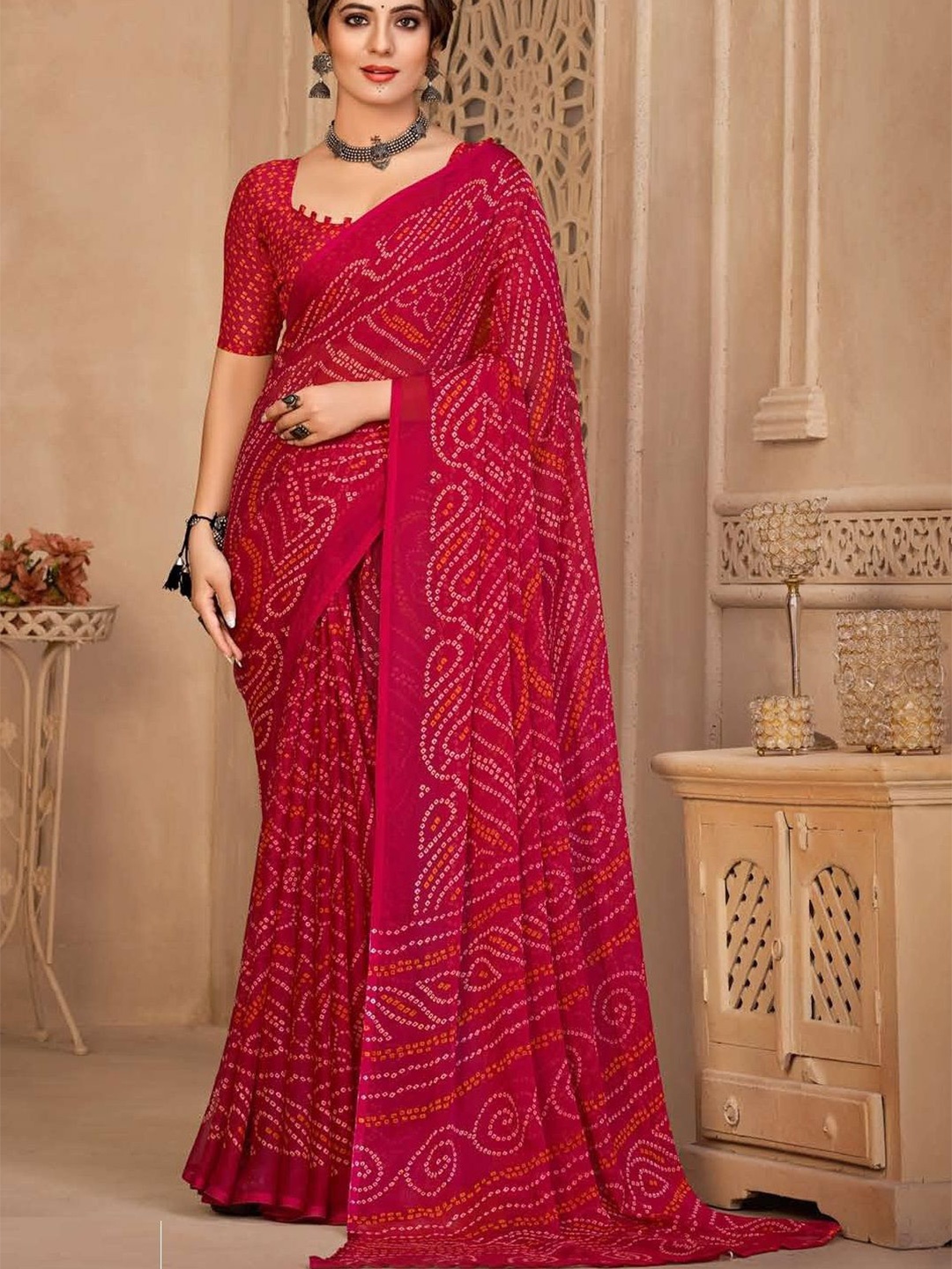 

Reboot Fashions Bandhani Pure Chiffon Designer Bandhani Saree, Magenta