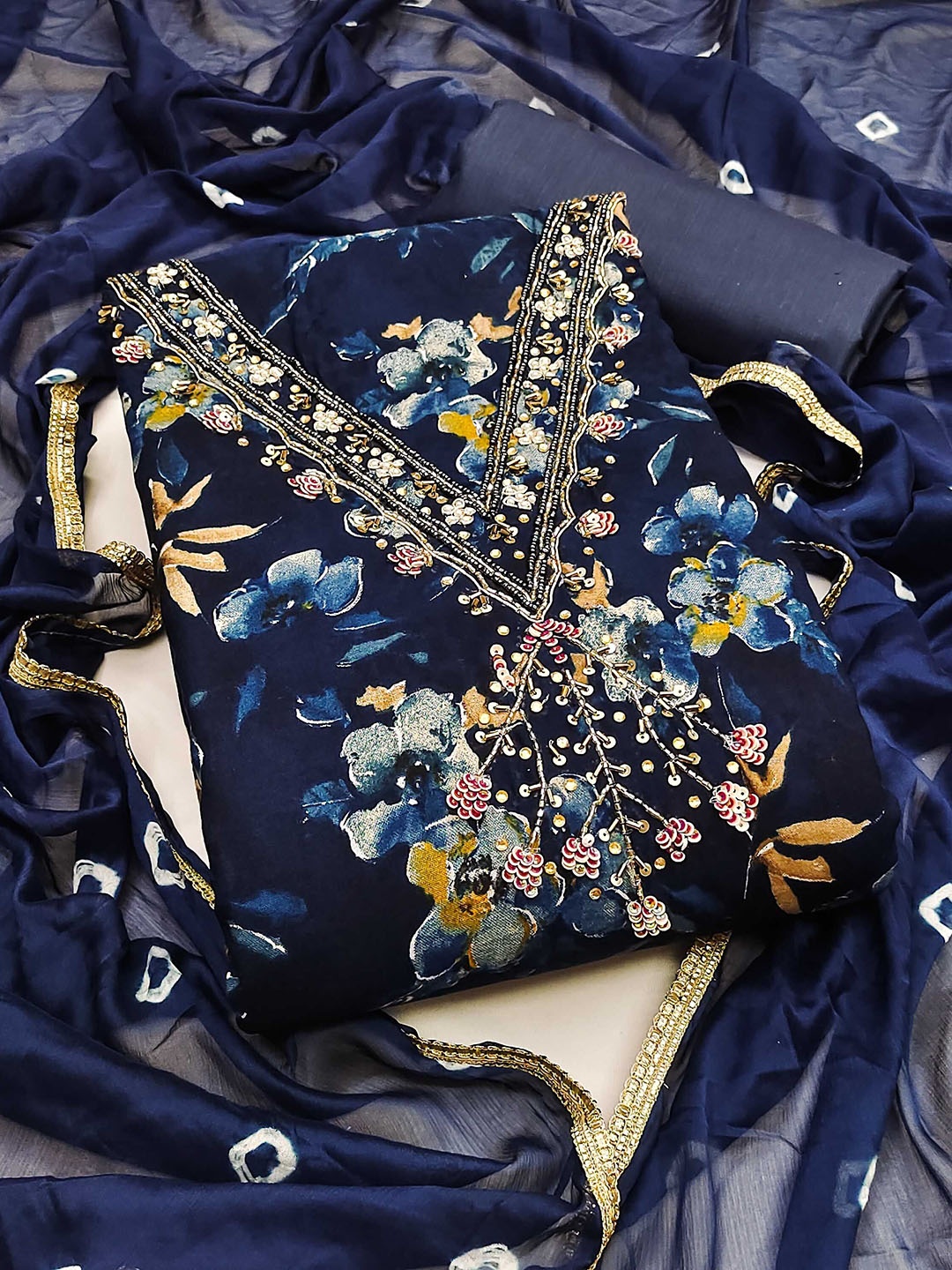 

SHADOW & SAINING Printed Semi-Stitched Dress Material, Blue