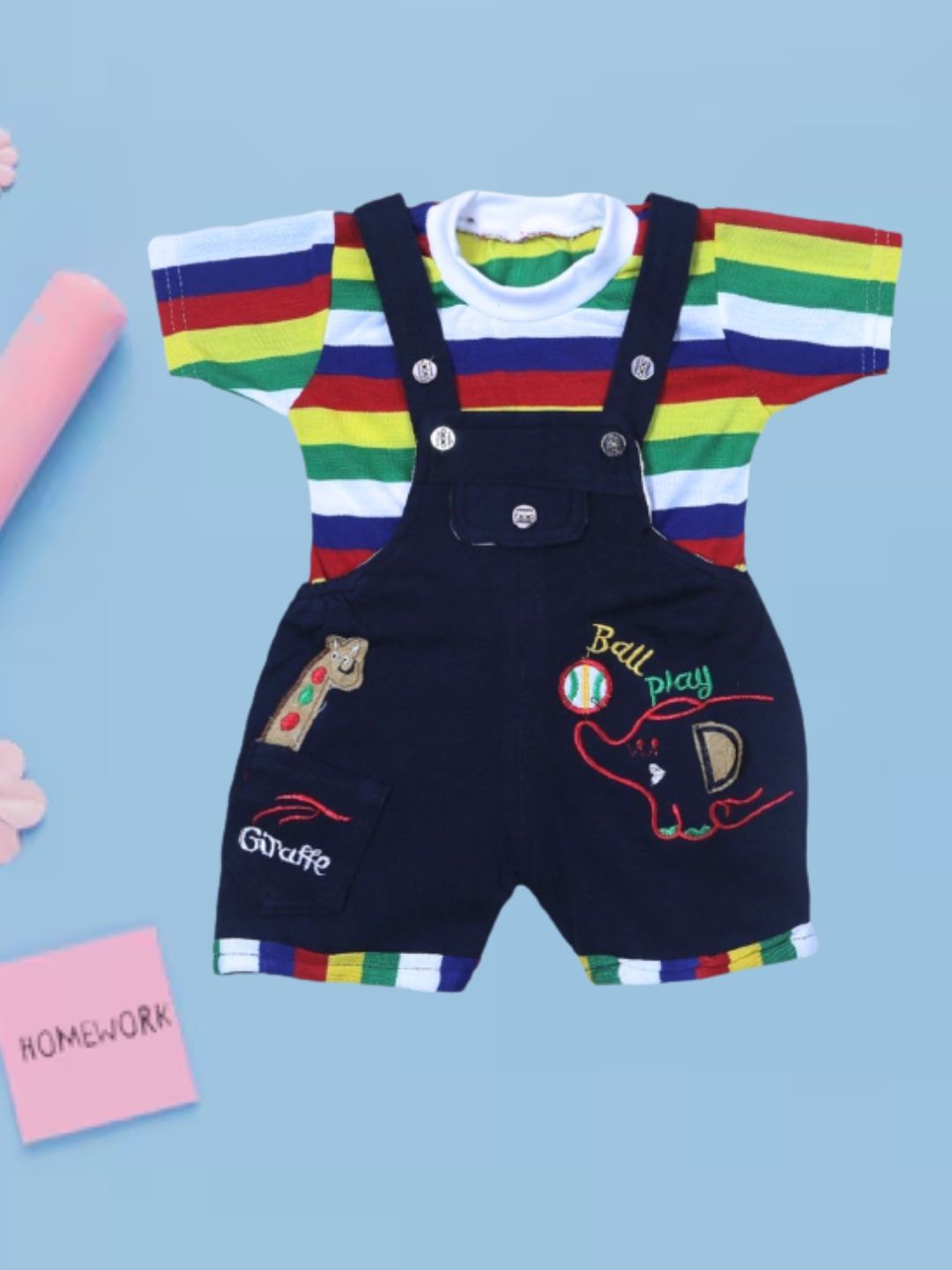 

BAESD Infants Pure Cotton Short Dungaree With Striped T-Shirt, Navy blue