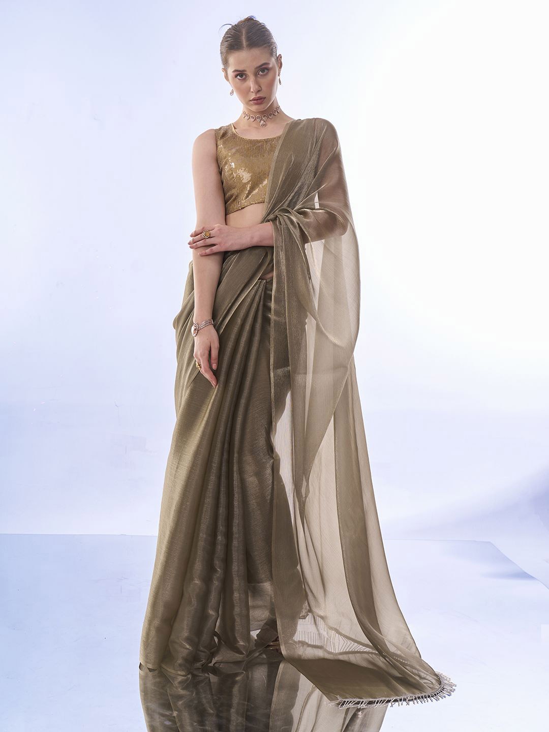 

modeva Beads and Stones Organza Ready to Wear Saree, Metallic