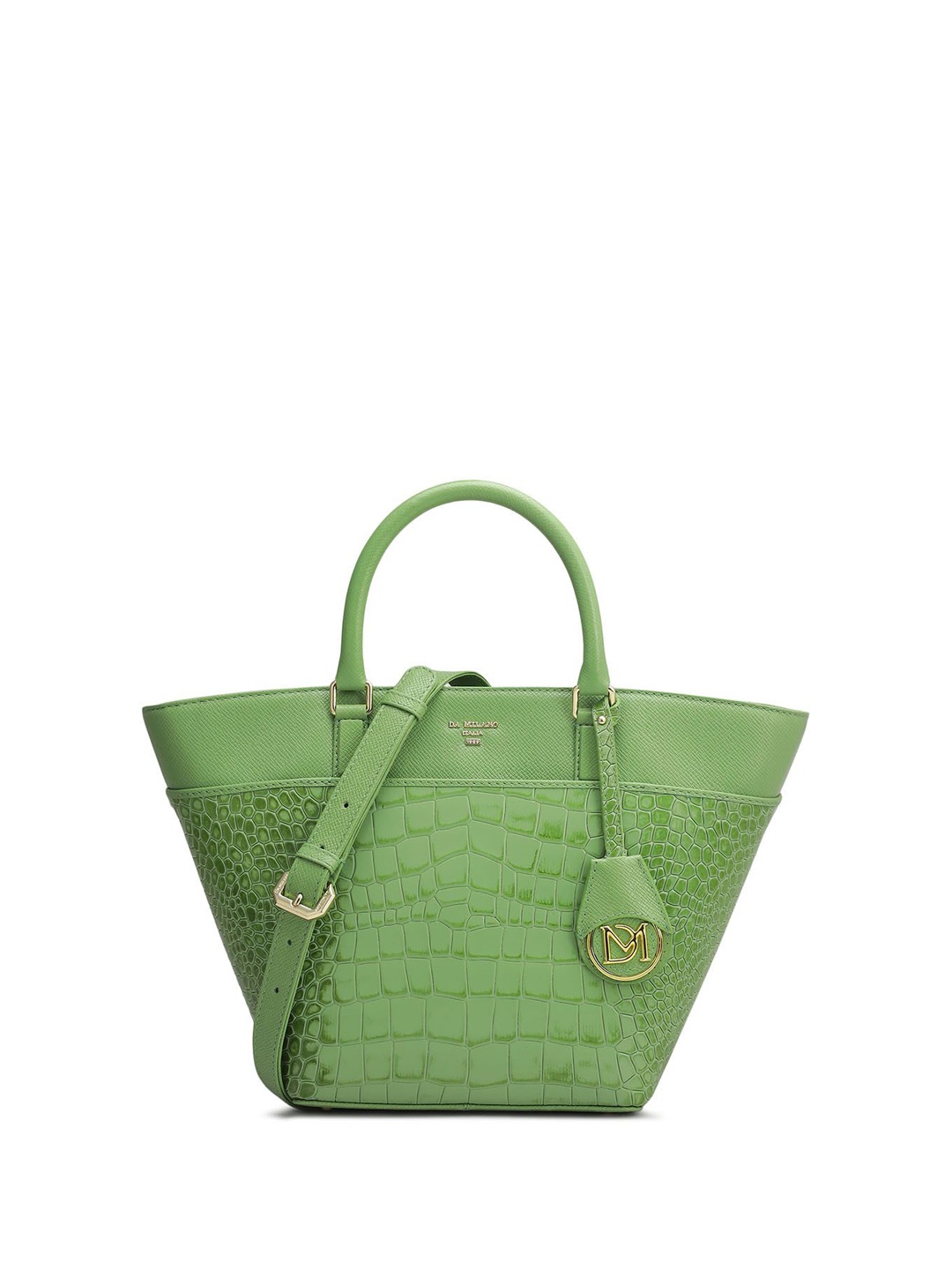 

Da Milano Animal Leather Structured Satchel with Cut Work, Green