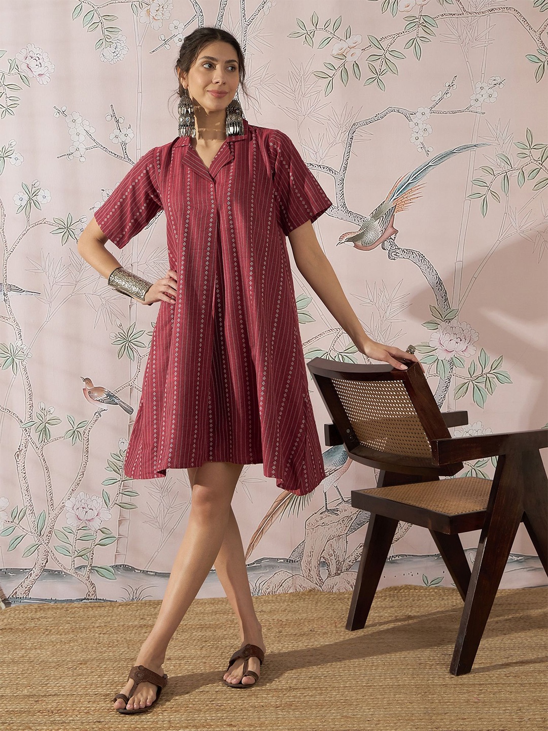 

InWeave Striped Flared Sleeve A-Line Dress, Maroon