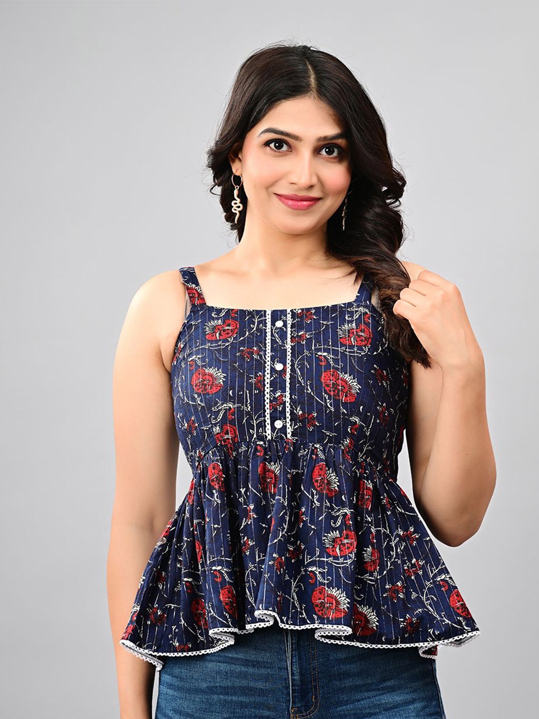 

CORDSET Floral Print Cotton Peplum Top, Navy blue