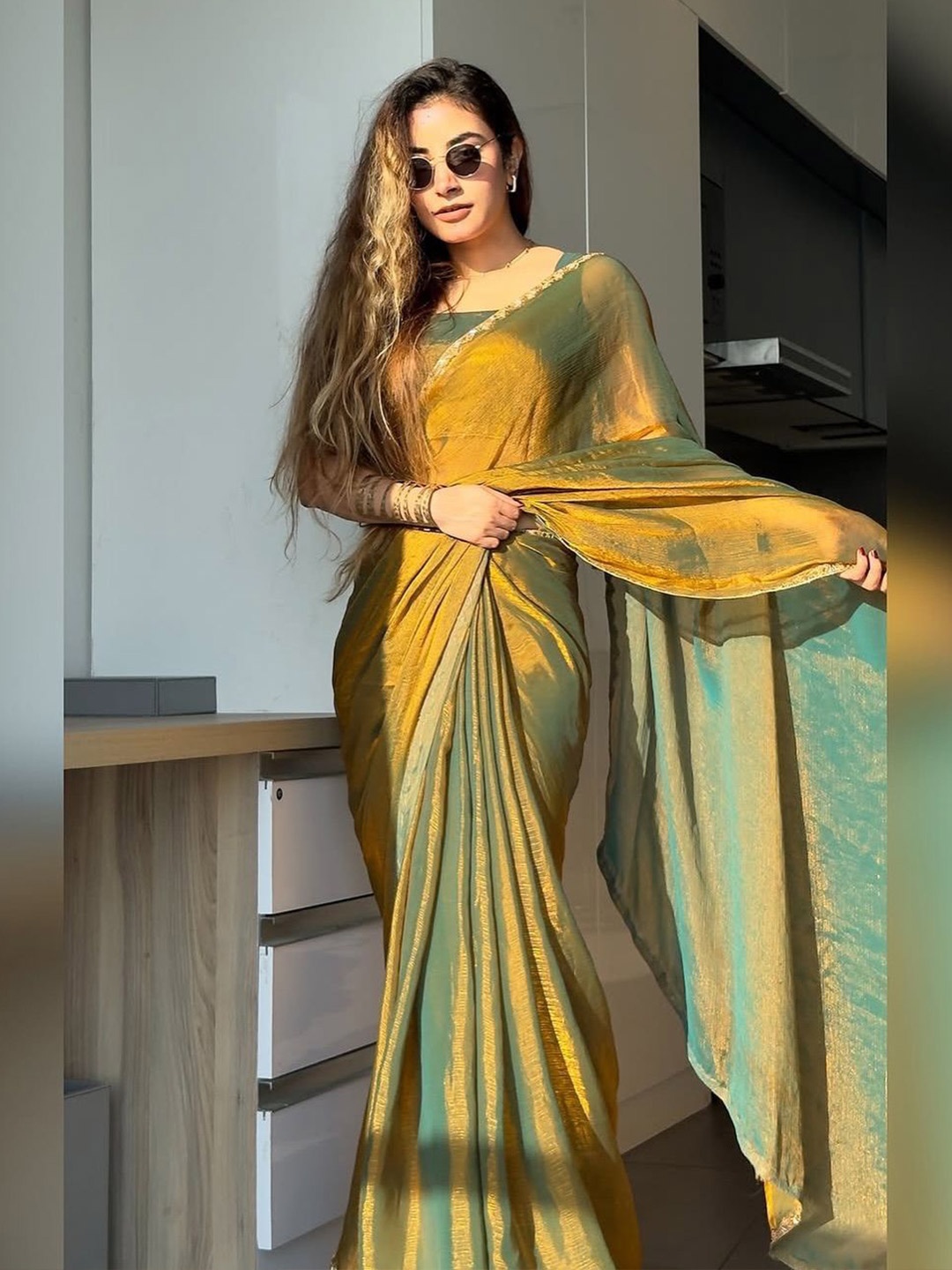 

Moda Rapido Beads and Stones Tissue Designer Saree, Mustard