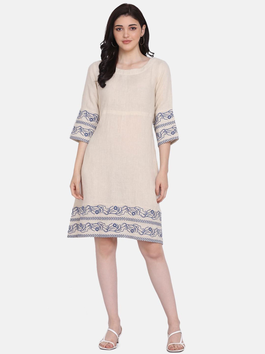 

ECO LEAS BY SHIPRA Bell Sleeve Linen A-Line Dress, Beige
