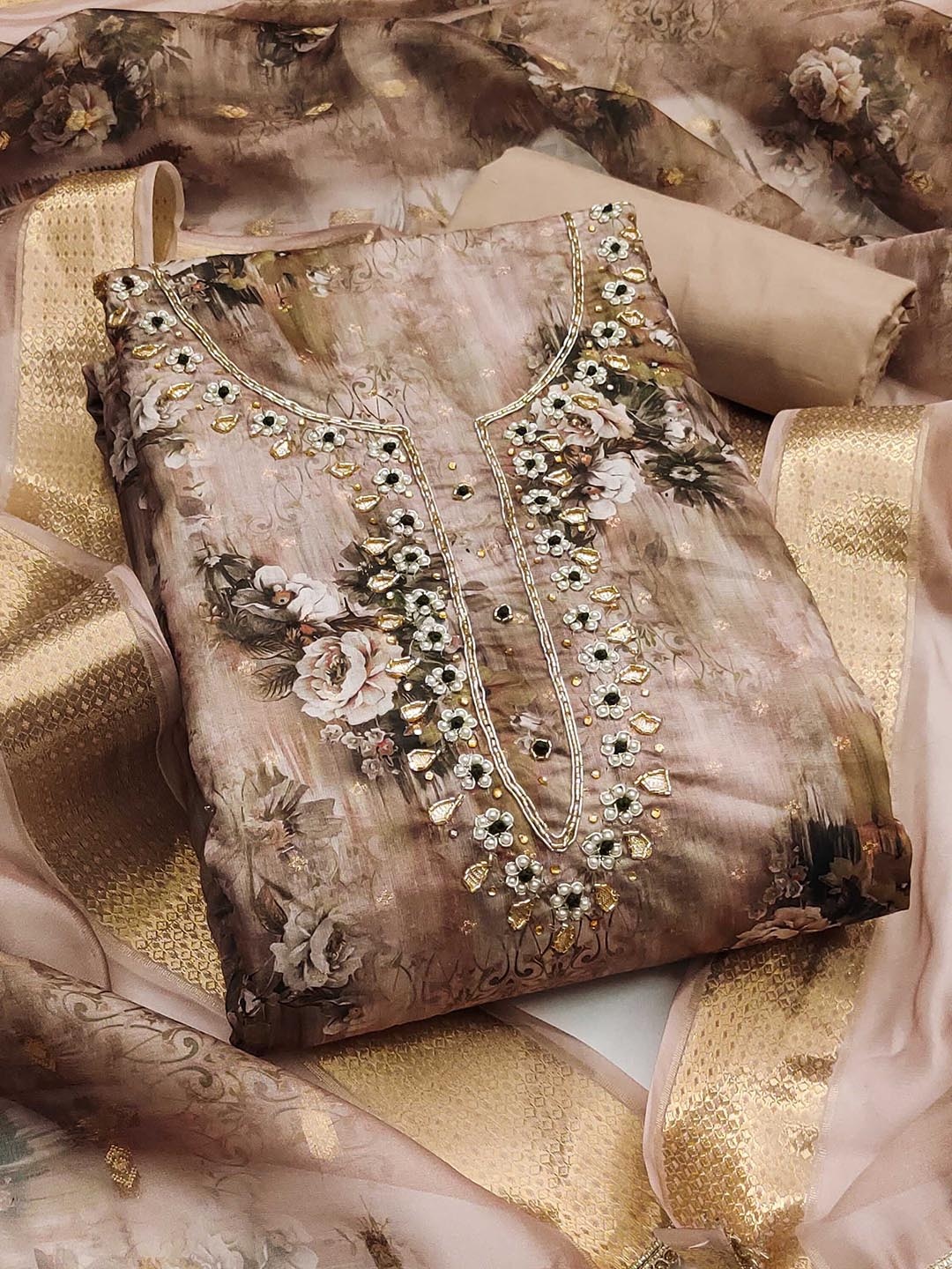

SHADOW & SAINING Printed Semi-Stitched Dress Material, Beige