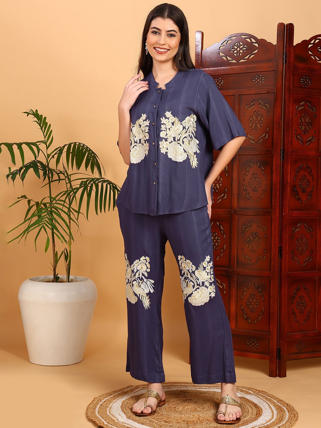 

ETC Printed Shirt Collar Shirt With Trousers Co-Ords Set, Blue