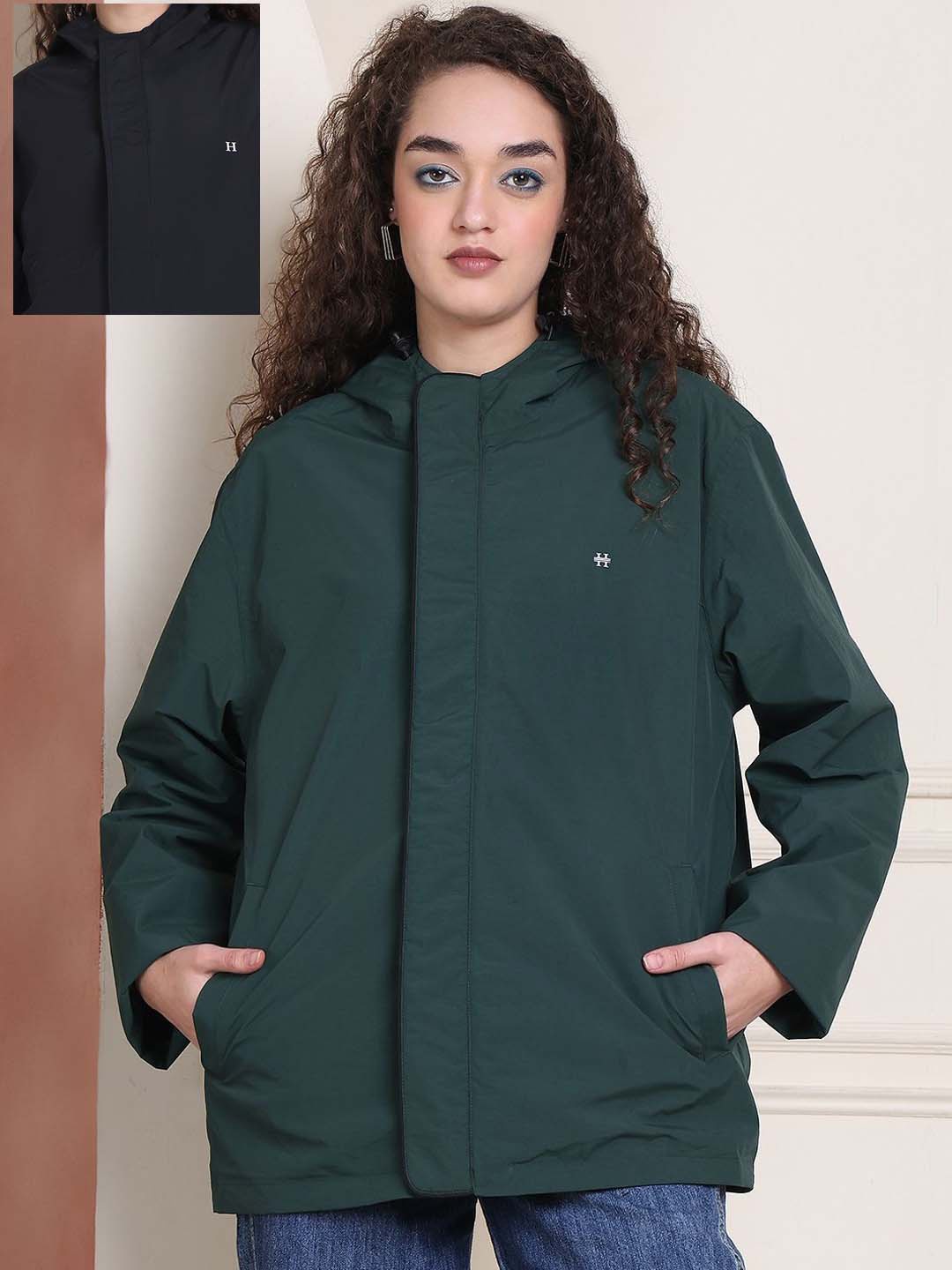 

HOUSE OF VEDAS Reversible Waterproof Hooded Rain Jacket, Green