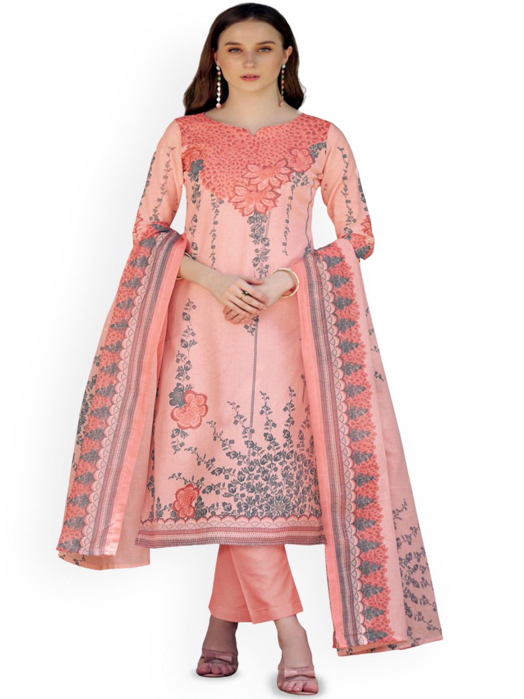 

DRAVINAM Trends Printed Pure Cotton Unstitched Dress Material, Peach