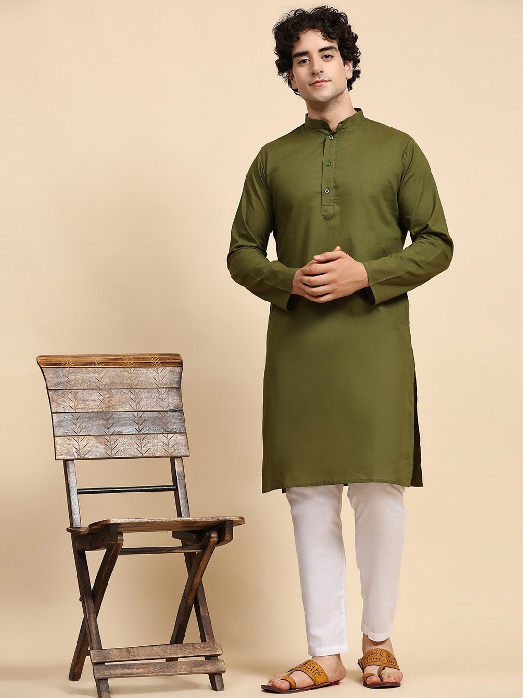 

SKAVIJ Men Regular Pure Cotton Kurta with Pyjamas, Olive