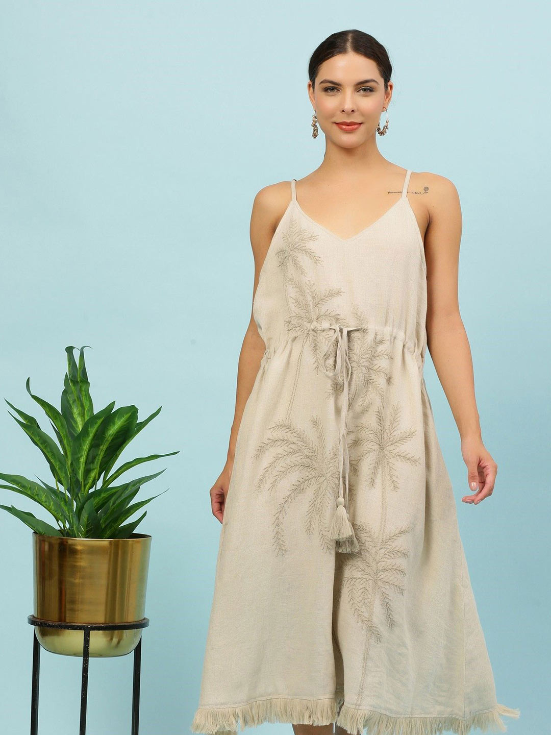 

ECO LEAS BY SHIPRA Linen A-Line Midi Dress, Beige