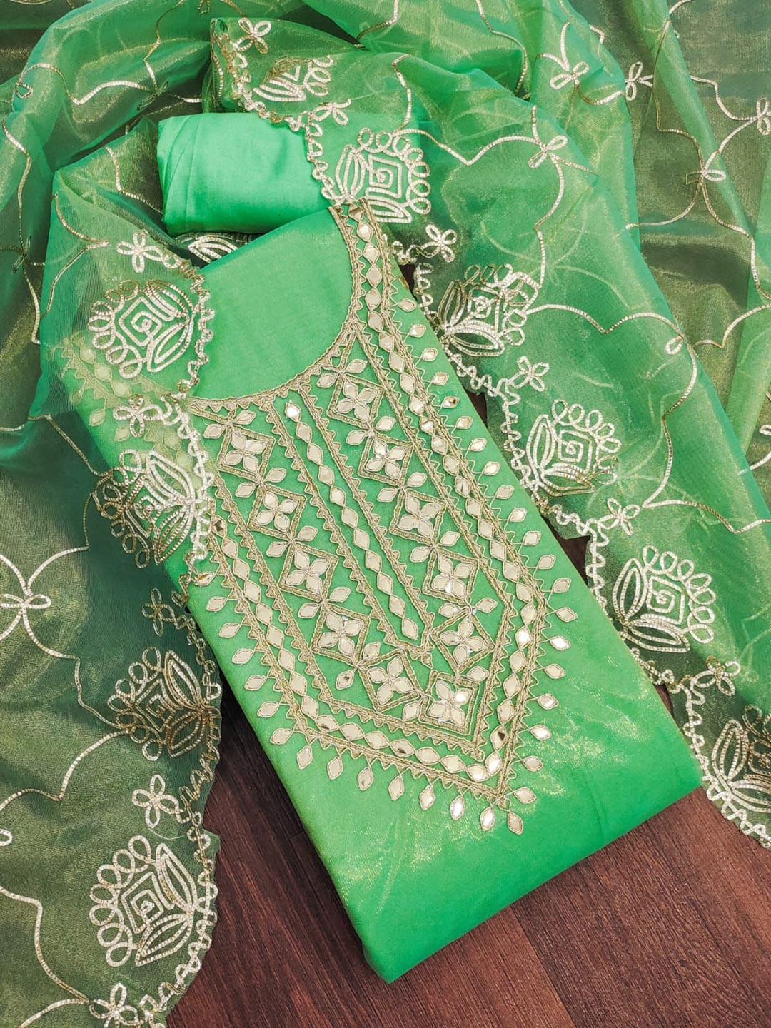 

BlissFlair Organza Unstitched Dress Material, Green
