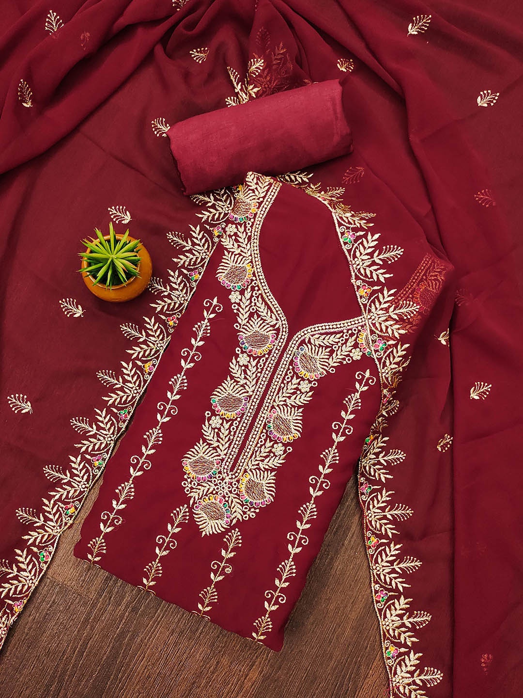 

SHADOW & SAINING Embroidered Silk Georgette Unstitched Dress Material, Maroon