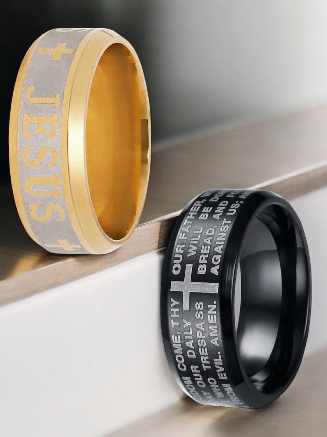 

The Roadster Lifestyle Co Men Set Of 2 Religious Cross Design Ring, Gold