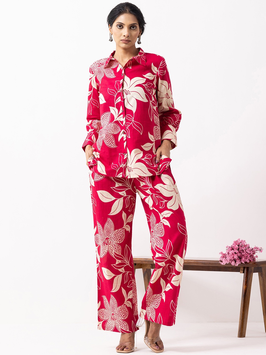 

THE INDIAN CAUSE Printed Pure Cotton Shirt Collar Shirt With Palazzos Co-Ords, Red
