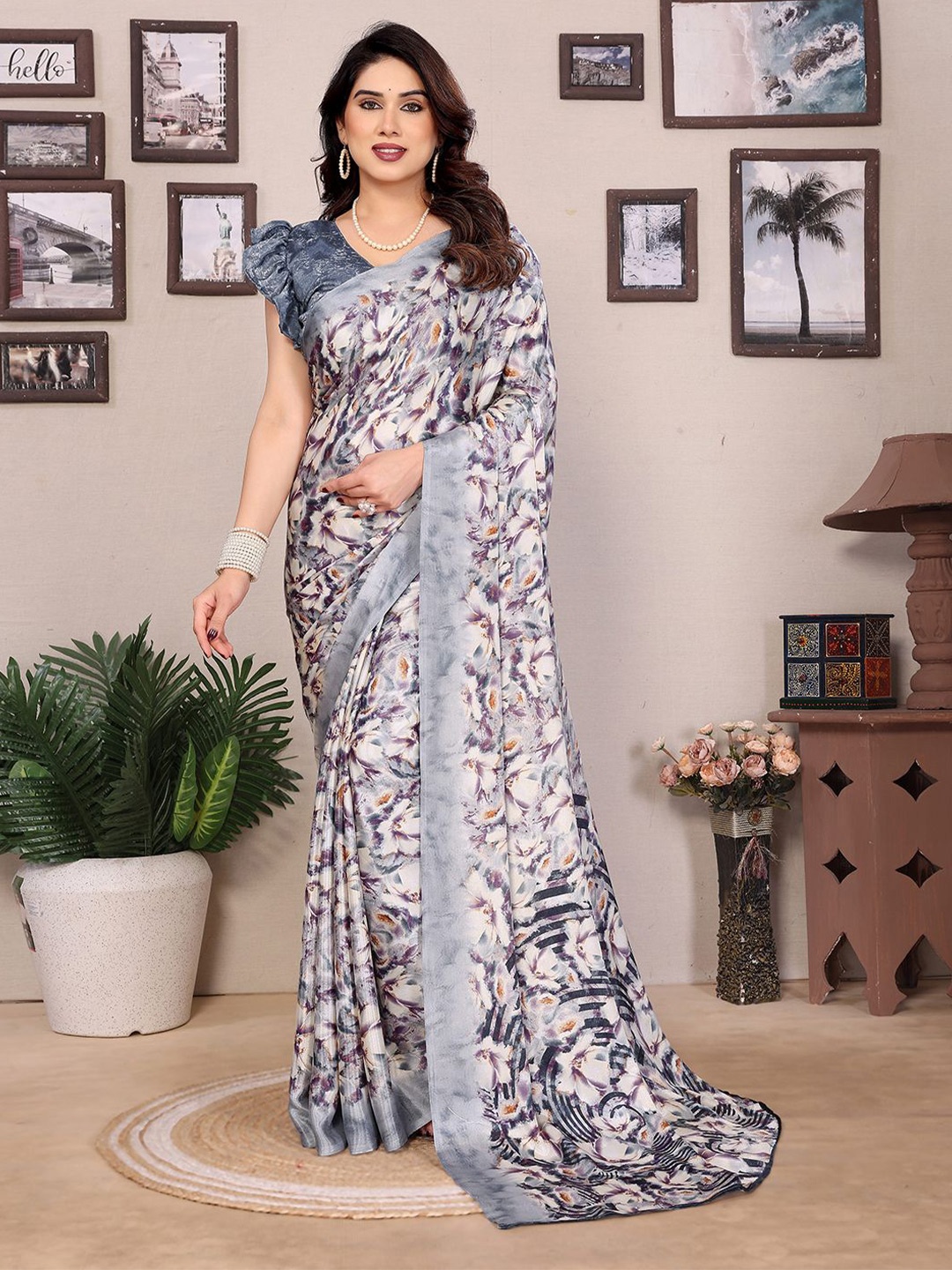 

Moda Rapido Floral Silk Blend Saree, Grey