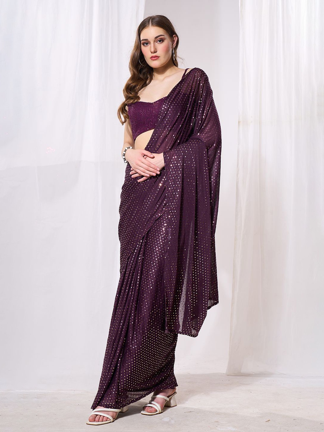 

modeva Embellished Beads and Stones Saree, Purple