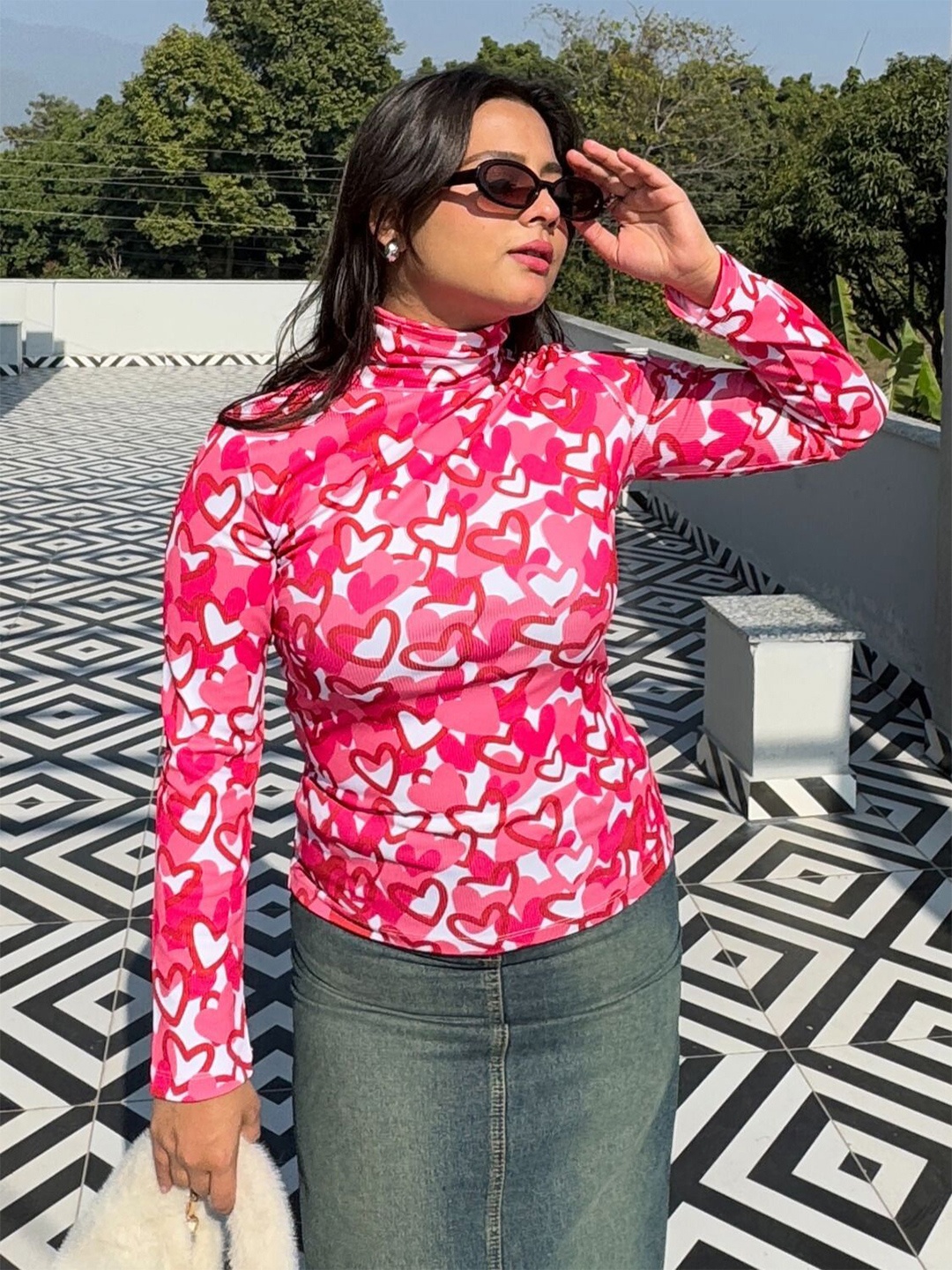 

TANDUL Geometric Printed Turtle Neck Top, Pink