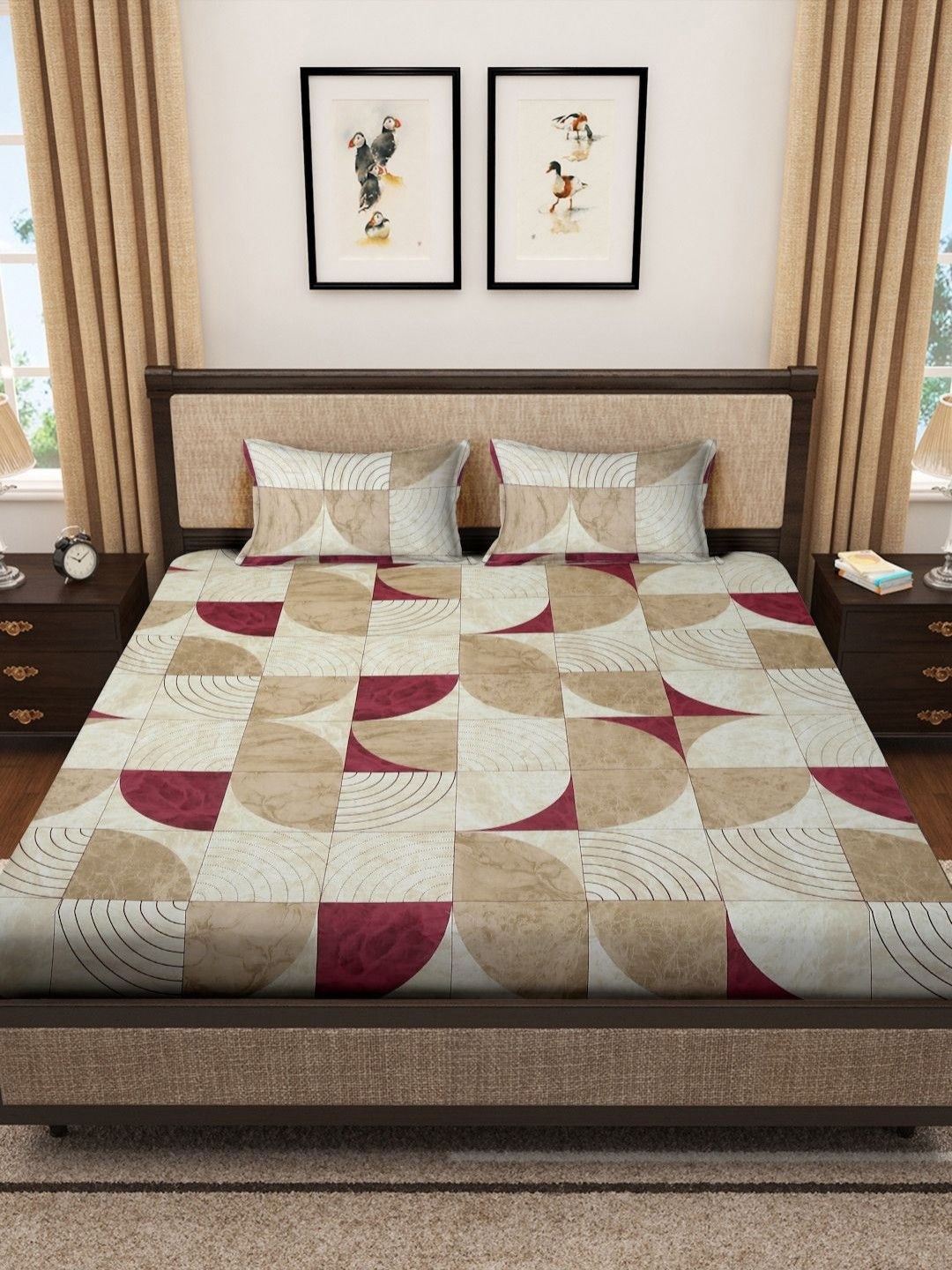 

Myntra Elegant Homes Beige & Maroon Geometric 400 TC King Bedsheet with 2 Pillow Covers