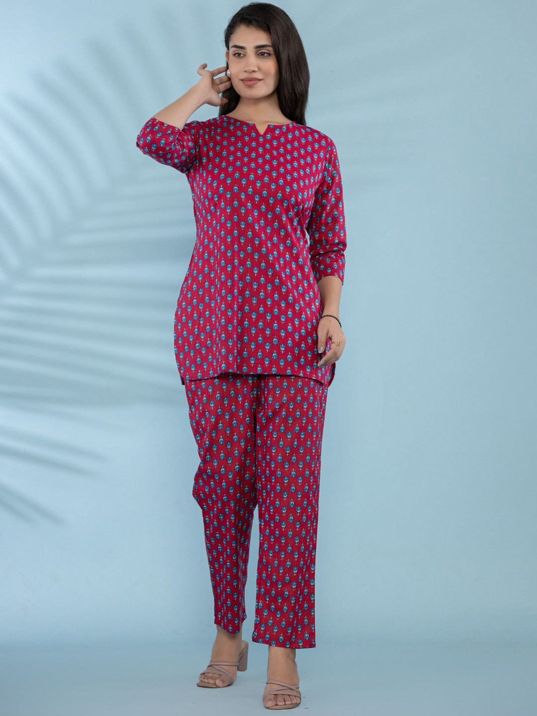 

VEDANA Printed Pure Cotton Top With Trousers Co-Ords, Red